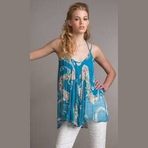 Tracy Reese Blue Beaded Embellished Peacock Silk Camisole Tunic Blouse Top